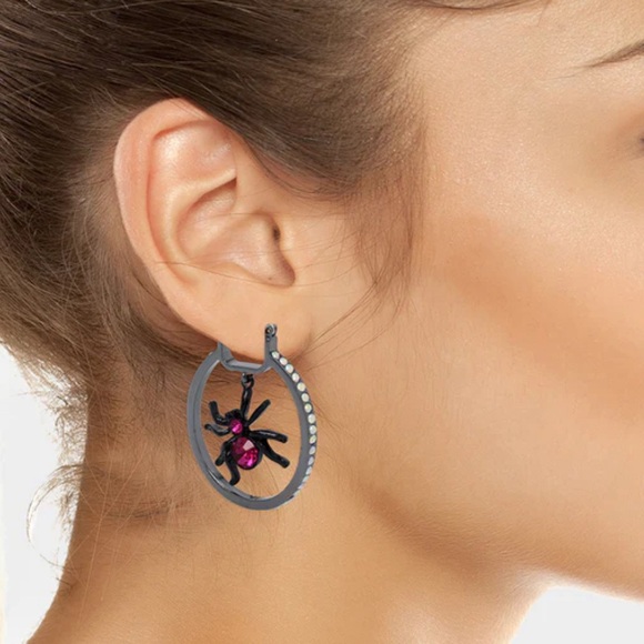 Betsey Johnson GHOUL FRIENDS 
SPIDER HOOP EARRINGS PINK STONES-Halloween NWT🕷️ - Picture 2 of 9